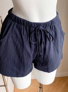 Comfortcana Solid Knot Waist Wide Leg Shorts - Navy Blue - View 6