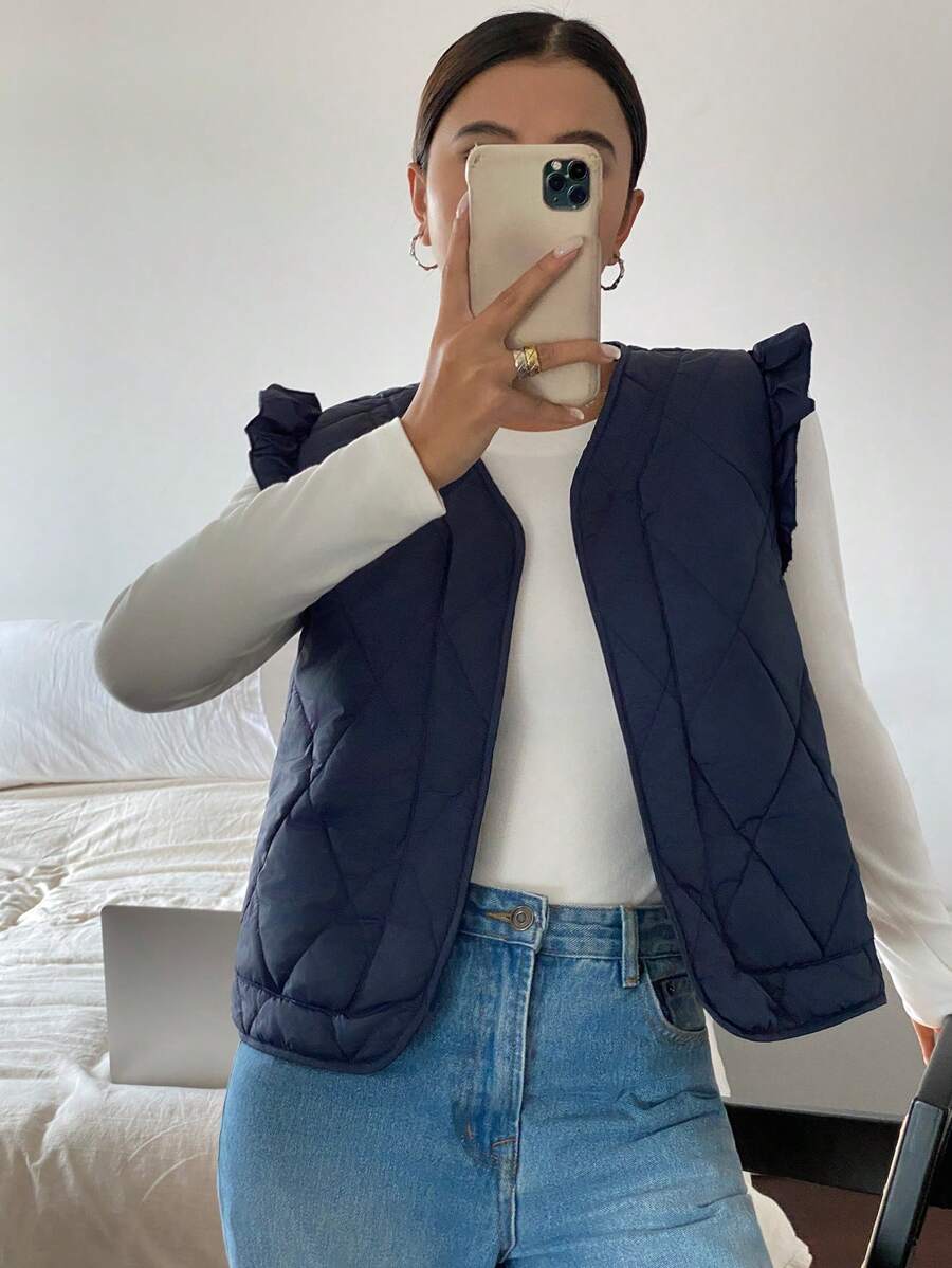 Siren Gaze Women's Solid Color Ruffled Sleeveless Open Placket Padded Warm Coat, Winter,Bubble Sleeve Quilted Diamond Shape Padded Jacket,Winter Women Outfits,Casual Everyday Wear,Commute,Minimalist,Winter Women Coat,Women Jacket,Winter Jacket Blue - Navy Blue - View 1