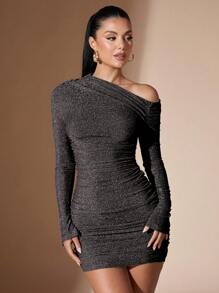 SHEIN BAE 女式黄色纯色长袖针织斜露肩长袖全身褶饰修身迷你连衣裙，秋冬 - 銀色 - 查看 5