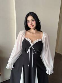 Celure Váy chữ A tay bồng cổ rộng thắt eo ren - màu đen - Xem 4