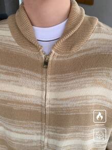 Manfinity CasualKnits Men Striped Print Zip Up Cardigan With Pockets, Casual Long Sleeve - Multicolor - View 3