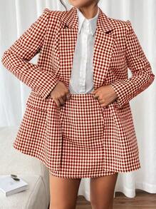 Calvaya 2pcs Set: Casual Allover Print Stand Collar Blazer Jacket & A-Line Skirt, Suitable For Autumn Outings
