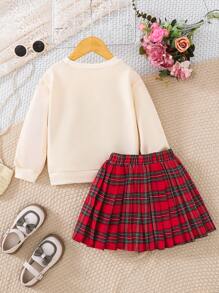 SHEIN 2pcs Girls Fashion Casual Cute Big 3D Plaid Bow Decor Top And Woven Plaid Skirt Set, Suitable As Christmas Gift, New Year Gift, Holiday Gift, Outdoor, Travel, Daily, Suitable For Autumn, Spring, Fashionable, Cute, Stylish - Purple - View 2