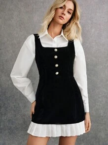 Poéselle Mini Black Dress, Pleated Patchwork Dress, 2 In 1 Dress, Decorated With Faux Pearl Buttons, New Year Eve Dress,Fall Women Dresses,Elegant And Playful,Women Contrast Color Button Design Patchwork Pleated Hem Elegant Suspender Short Dress,Suitable For Everyday, Out Of The Street, Dating, Vacation, Commuting And Other Occasions To Wear - Black - View 6