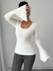 SHEIN Unity Women Pearl Embellished Flared Sleeve Sweater, Autumn/Winter Knit Pullover Fall - Beige - View 3