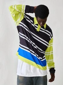 Mainfolk 男士时尚休闲条纹长袖 Polo 衫，多色可选，适合日常穿着 - 綠色 - 查看 4