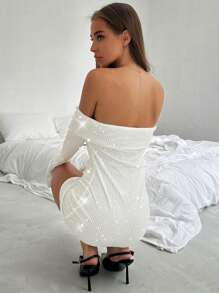 Aloruh Elegant Sequin Off-Shoulder Trumpet Sleeve Fitted Christmas Party Dress, For Autumn & Winter - White - View 6