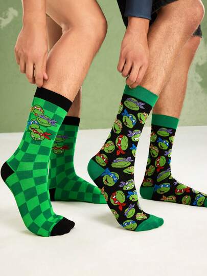 TEENAGE MUTANT NINJA TURTLES | SHEIN 2pairs Men's Cartoon & Checkerboard Pattern Crew Socks