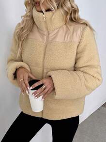 SHEIN LUNE Áo khoác đệm dày có khóa kéo thường ngày mùa đông cho nữ - Màu Khaki - Xem 3