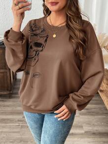 SHEIN LUNE 秋冬大码女式骷髅印花落袖休闲宽松万圣节服装卫衣 - 摩卡棕 - 查看 4