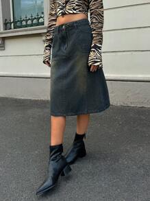 Forever 21 Vintage Distressed Low Waist Dark Denim Mini Midi Skirt - Dark Wash - View 4