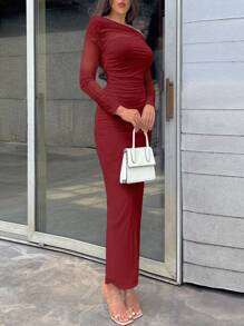 Firerie Women White Asymmetrical Neckline Long Sleeve Dress With Side Slit - Red - View 6
