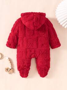 SHEIN 女婴睡衣，纯色浅粉色柔软羊毛长袖连帽连体衣睡衣 - 紅色 - 查看 2