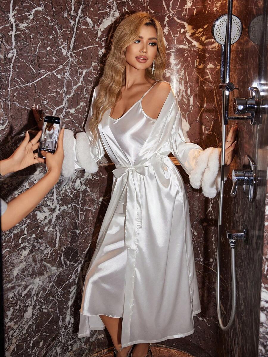 Bộ đồ ngủ nữ gợi cảm Fluffy Trim - trắng - Xem 1