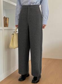 Dazy-Less Quần ống loe nữ dáng rộng có túi, kiểu dáng thường ngày, mùa thu, quần công sở nữ lót giữ nhiệt, phong cách thường ngày. - Xám - Xem 5