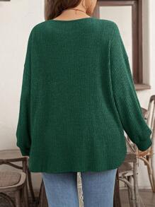 SHEIN LUNE Camiseta de manga larga de talla grande con cuello de equipo acanalado, unicolor, holgada, con decoración de botones para otoño