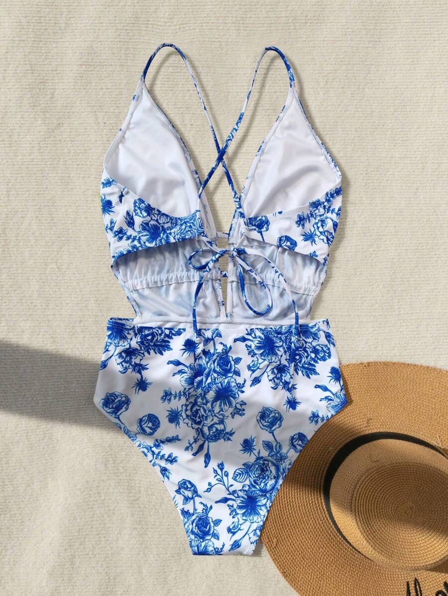 Women Floral Print Backless Halter Sexy OnePiece Swimsuit for Sale