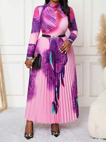 SHEIN Lady 大码女式粉色褶皱紧身两件套，长袖定位花两件套女式套装上衣和裙子套装花卉女式 - 彩色 - 查看 3