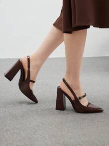 CUCCOO BIZCHIC Simple Basic Coffee Brown Thick Heel Pointed Toe Strap Women's Shoes, Fashion Spring Shoes Spring Break Easter