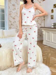 CottageSlumber 3pcs/Set Plush Cherry Printed & Lace Patchwork Fluffy Pajama Set, Autumn/Winter, Fall Winter Clothes, Cozy - Beige - View 5