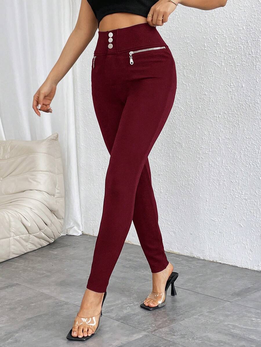 Firerie 女式纯色前扣高腰拉链修身休闲裤 - 酒紅色 - 查看 1