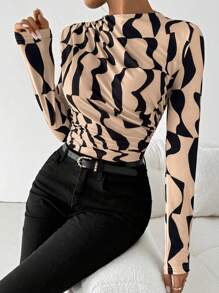 VaVaBold Camiseta de manga larga ajustada con cuello alto con pliegues y estampado aleatorio para mujeres, para atuendos de primavera
