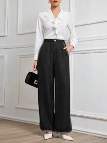 Modelyn Women's Elegant Woven Black Rhinestone Button Straight Leg Trousers Fall Cloth For Women - Black - View 5