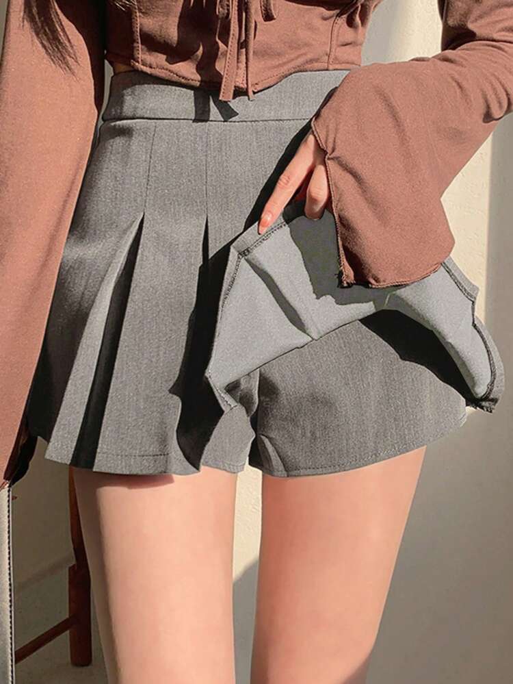 Women's Summer Casual Solid Color Pleated Grey Skirt