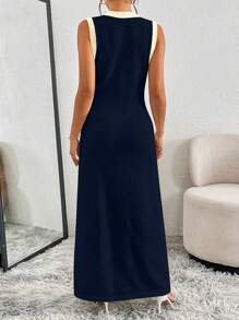 Elenzga Women Solid Color Button Front Sleeveless Minimalist Casual Long Dress