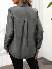 EMERY ROSE Camisa de mujer informal de manga larga con botones y bolsillo delantero, adecuada para uso al aire libre en otoño - Gris - Ver 2