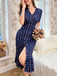 CottageSlumber 1 pieza Camisón corto estilo babydoll de único botonadura con estampado floral diminuto y volante perfecto para el verano y vacaciones