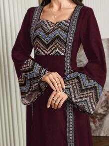 Al Najma 女士土耳其连衣裙和阿拉伯传统长袍，端庄优雅的 A 字形长款勃艮第长袖阿拉伯连衣裙卡夫坦和 Jalabiya，适合晚会/婚礼嘉宾/周年纪念