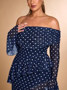 SHEIN BAE Plus Size Fall Elegant Sexy Sweet Woman Black And White Polka Dot Mesh Print One Shoulder Asymmetrical Ruffle Hem High Slit Long Dress - Navy Blue - View 3