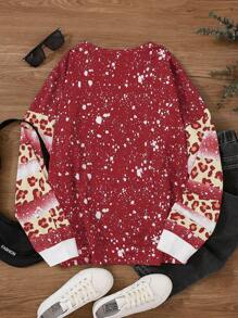 母女装（两件套分开出售）撞色豹纹字母图案套头衫 秋季 - 紅色 - 查看 2