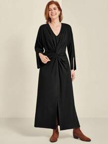 SHEIN Clasi Đầm Maxi Tay Dài Thanh Lịch Cổ Chữ V Cỡ Lớn Cho Nữ Trang Phục Nữ - màu đen - Xem 5
