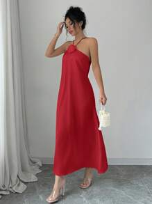 Selianne 优雅吊带领 3D 花卉装饰束腰缎面长裙新年服装长款女装 - 紅色 - 查看 6