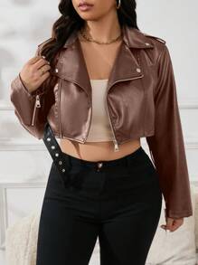 SHEIN Essnce 大码女式机车短款夹克，黑色，时尚休闲 - 棕色 - 查看 5