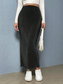 SHEIN Essnce Women Solid Color Elastic Waist Curved Hem Casual Maxi Skirt - Dark Grey - View 5