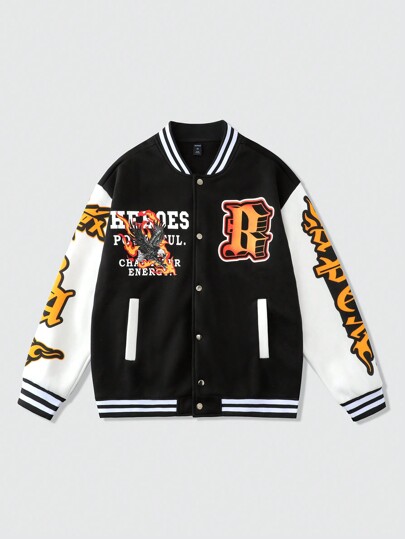 Street Life Men's Casual Outgoing Contrast Color Letter Print Button Front Baseball Jacket, Autumn