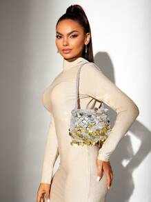 SHEIN SXY Bolso de hombro para mujer, bolso hobo, bolso de noche, de moda, sencillo, elegante, versátil, con lentejuelas grandes, de ganchillo, de color degradado, plateado y dorado, para vacaciones, días festivos, playa, fiesta, baile de graduación, club, cita, cumpleaños, noche de cita, Halloween - Plateado - Ver 7