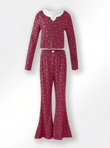 2pcs/Set Pre-Teen Girls Solid Red Floral Allover Print Ruffle Trim Long Sleeve Top And Pants Pajama Set - Red - View 1