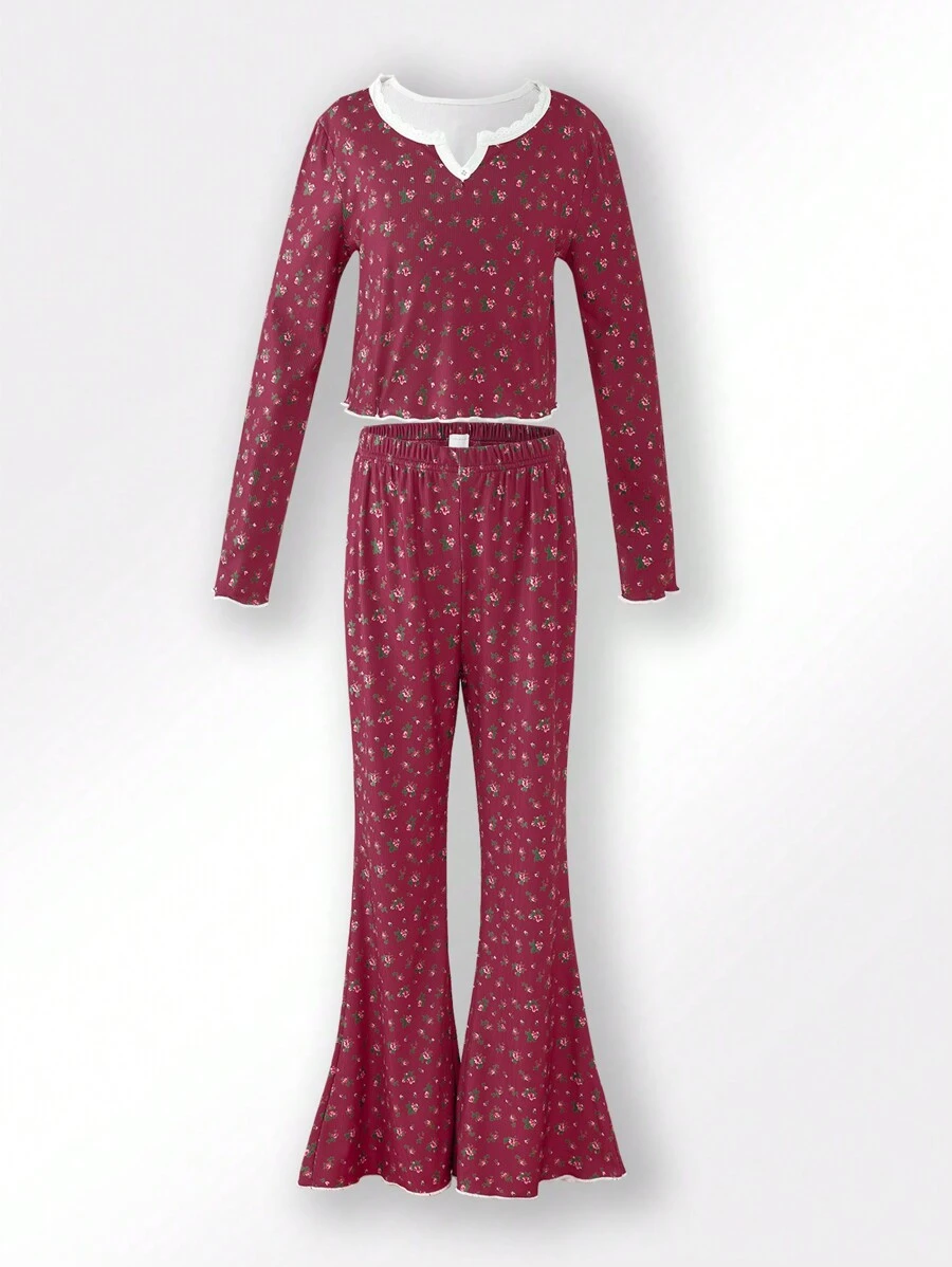 2pcs/Set Pre-Teen Girls Solid Red Floral Allover Print Ruffle Trim Long Sleeve Top And Pants Pajama Set - Red - View 1