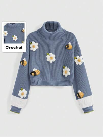 Fairycore Floral Applique Turtleneck Elegant Long Sleeve Pullover Sweater