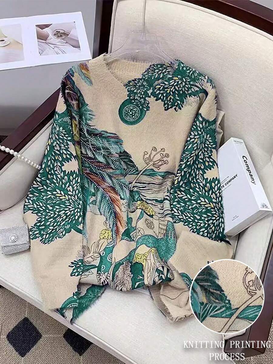 大码女式休闲圆领花卉图案毛衣，适合秋冬季 - 水鴨藍 - 查看 1