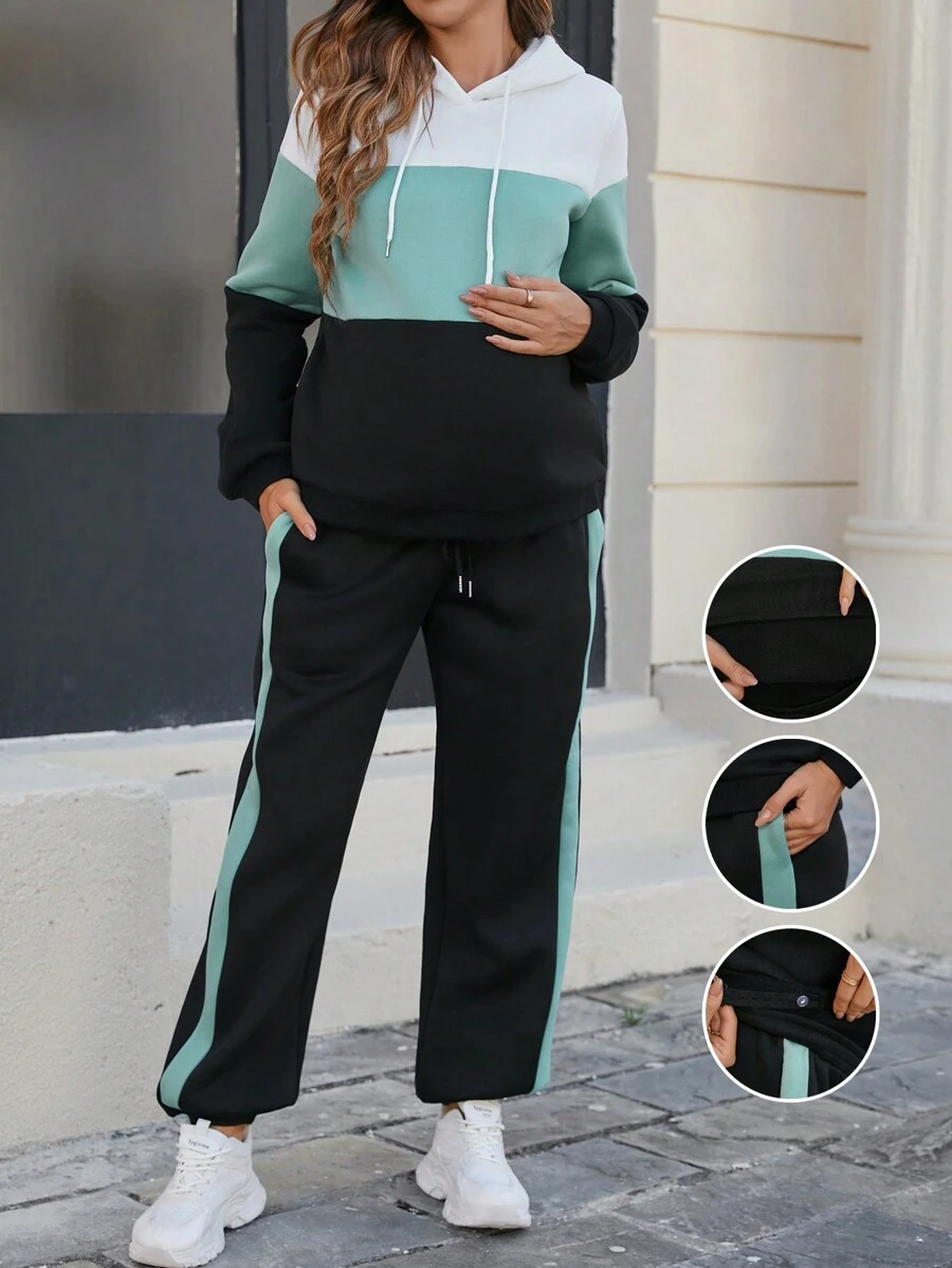 SHEIN 2 件套孕妇撞色连帽长袖运动衫和抽绳口袋裤子，适合孕妇 - 彩色 - 查看 1