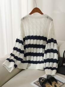 SHEIN Frenchy Plus Size Women Striped Round Neck Drop Shoulder Long Sleeve Casual Knit Pullover Sweter Jesień