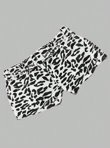 SHEIN EZwear 大码女式抽绳腰豹纹宽松短裤 - 黑與白 - 查看 2