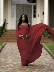 Maternity Off-Shoulder Floor-Length Photography Dress - Burgundy - View 7