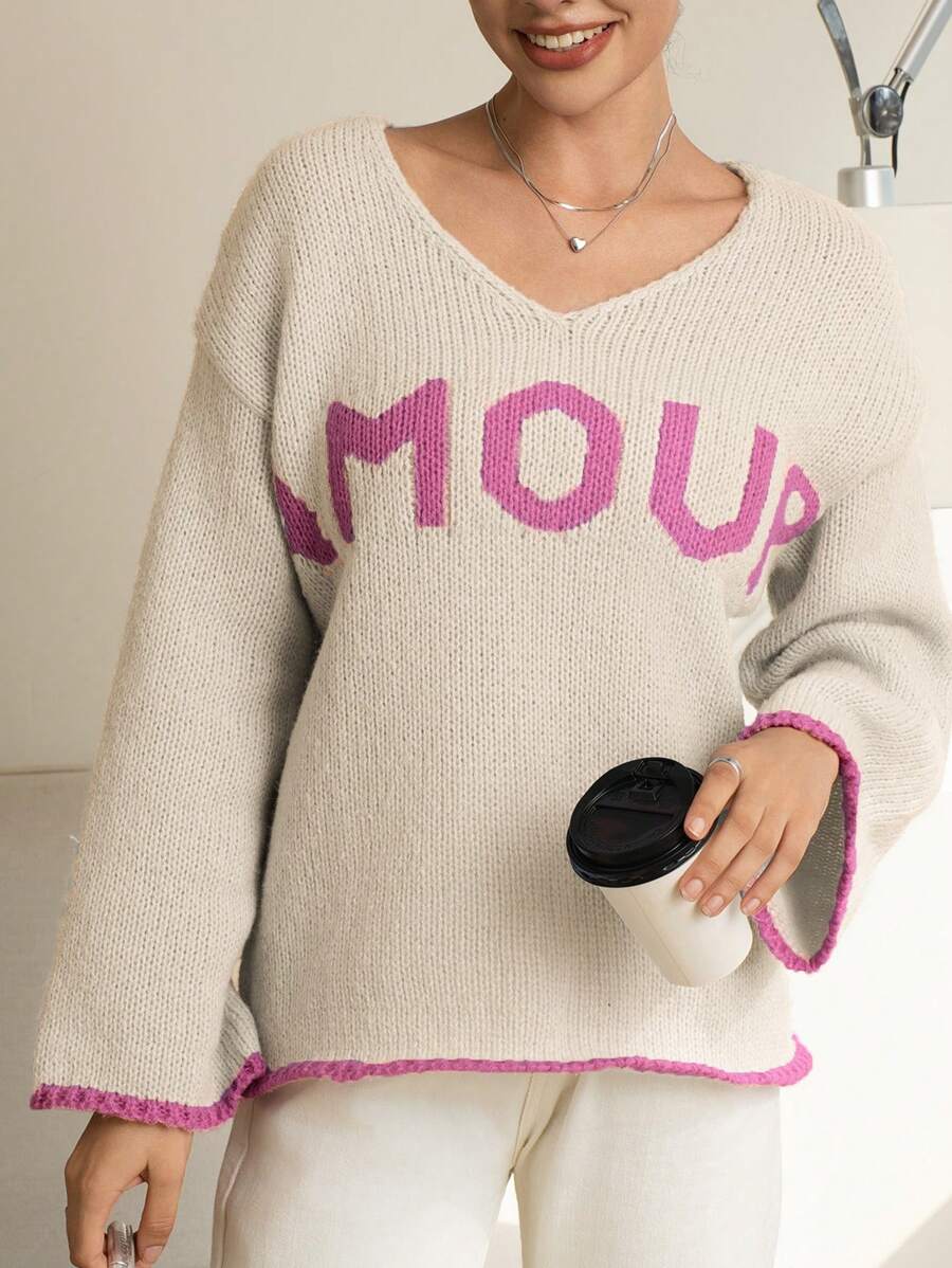 INAWLY Women's Casual Daily Letter Print Drop Shoulder Loose Sweater, Autumn/Winter Knit Pullover Fall - Apricot - View 1