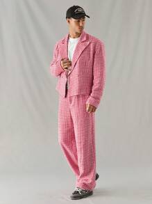 Manfinity VCAY 2pcs Young Men Casual Woven Plaid Loose Fit Open Front Long Sleeve Jacket And Elastic Waist Pants Suit Set